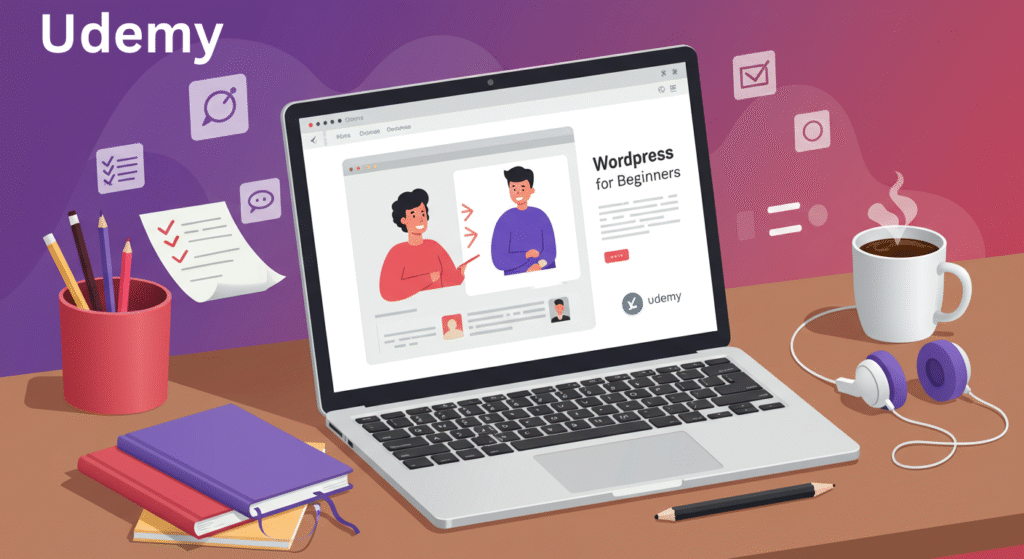 Online course cover(Udemy) showing wordpress for beginners tutorials