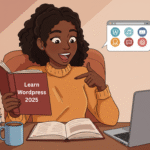 Excited beginner pointing to a learn wordpress book for beginners