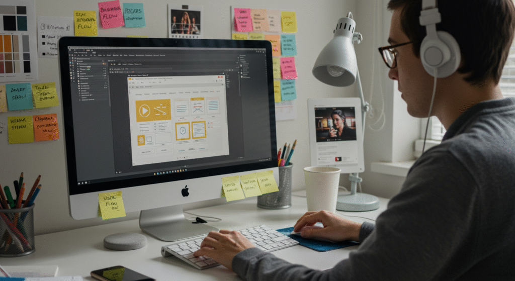 male beginner ui/ux designer sitting at a desk