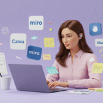 illustration of a ui/ux designer using figma,miro,canva and uizard