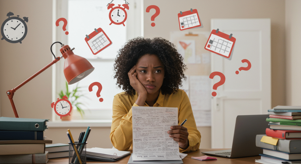 Thoughtful woman with a lot of work