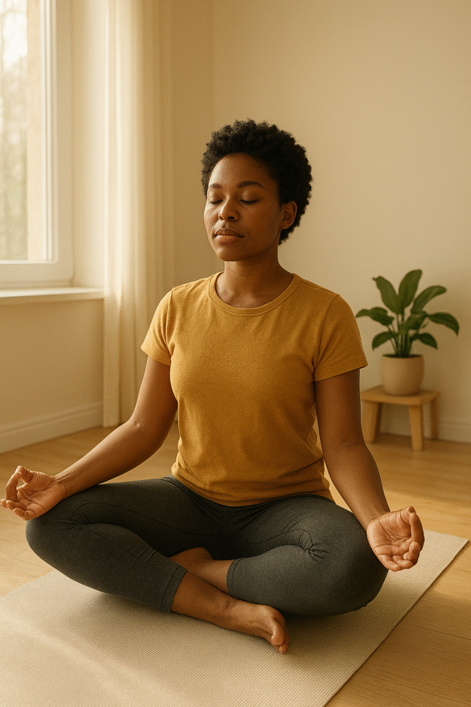 Student practicing deep breathing meditation during a 5-minute morning routine for stress relief and focus.