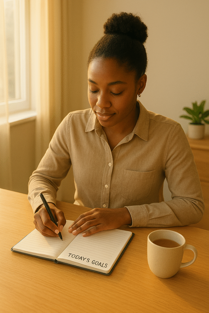 Person setting daily intentions in a planner as part of a 5-minute morning routine to improve focus and productivity.